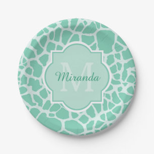 Assiettes En Carton Girly Mint Green Giraffe Imprimer Monogramme et no
