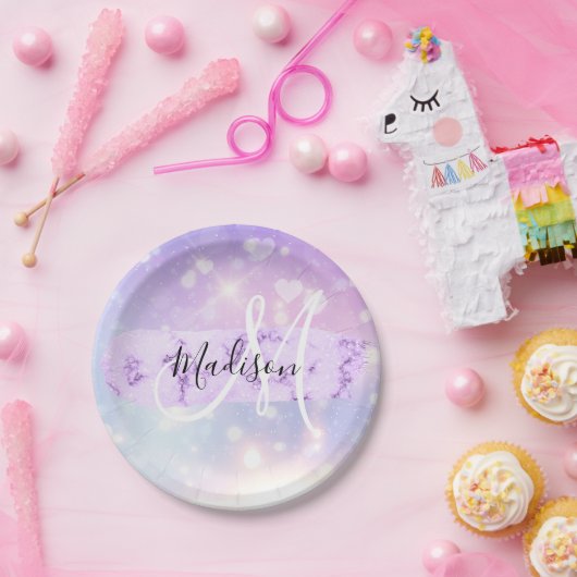 Assiettes En Carton Girly Sparkly Unicorn Rainbow Hearts Monogramme (Fête)