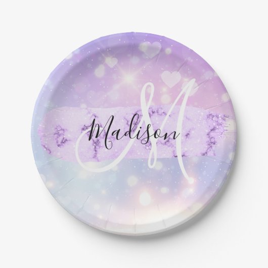 Assiettes En Carton Girly Sparkly Unicorn Rainbow Hearts Monogramme (Devant)