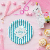 Assiettes En Carton Girly Turquoise Peint Stripes Monogramme et nom (Fête)