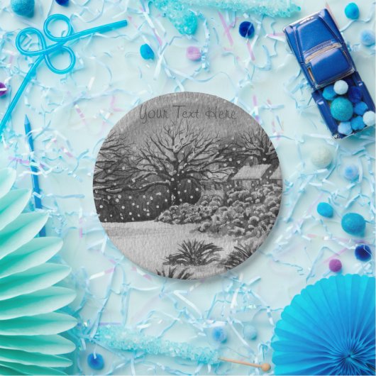 Assiettes En Carton gîtes ruraux neige scène noël monochrome (Fête)