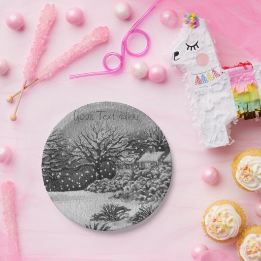 Assiettes En Carton gîtes ruraux neige scène noël monochrome (Fête)