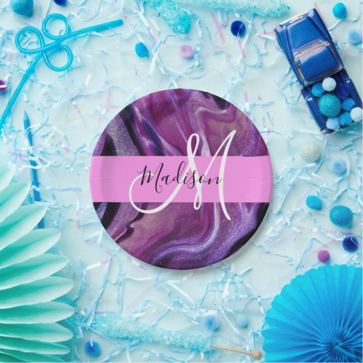 Assiettes En Carton Glam Abstrait Purple Shimmer Texture rose Monogram (Fête)