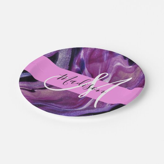 Assiettes En Carton Glam Abstrait Purple Shimmer Texture rose Monogram (Angle)