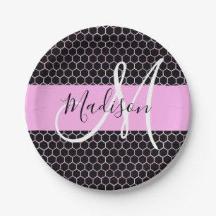 Assiettes En Carton Glam Black Métallic Rose Nid d'abeille Monogramme