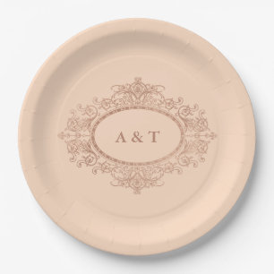 Assiettes En Carton Glam Faux Rose Gold sur le Mariage rose pâle Monog
