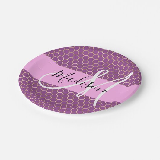 Assiettes En Carton Glam Fuchsia Metallic rose Honeycomb Nom (Angle)