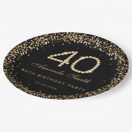 Assiettes En Carton Glam Gold Diamonds 40th Birthday Party Paper Plate (Angle)