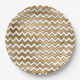 Assiettes En Carton Glam Gold White Zigzag