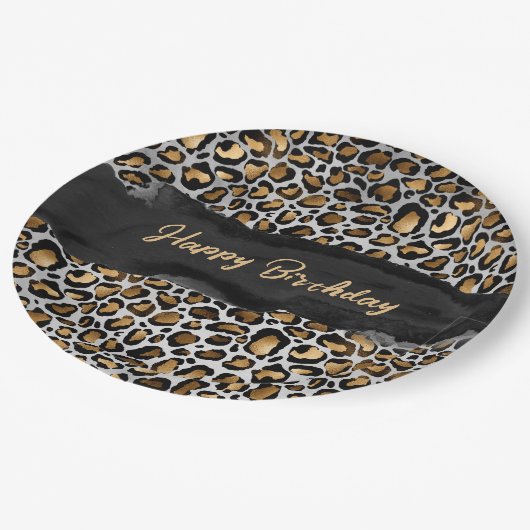Assiettes En Carton Glam Leopard Joyeux anniversaire (Angle)