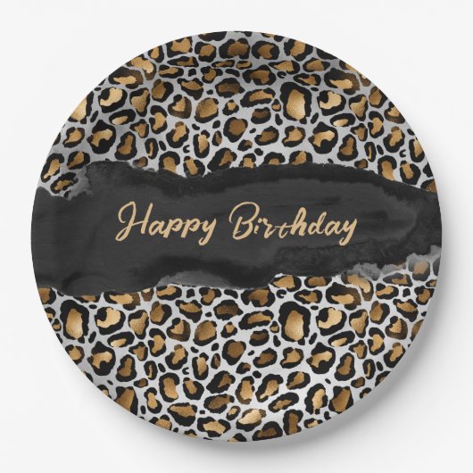 Assiettes En Carton Glam Leopard Joyeux anniversaire (Devant)