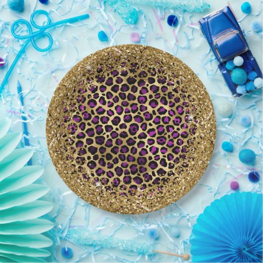 Assiettes En Carton Glam léopard violet noir et doré (Fête)