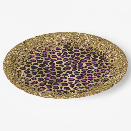 Assiettes En Carton Glam léopard violet noir et doré (Angle)