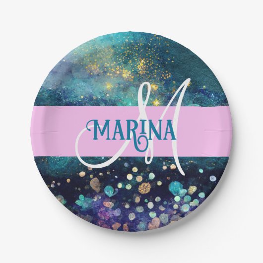 Assiettes En Carton Glam Mermaid Aqua Gold Parties scintillant étincel (Devant)