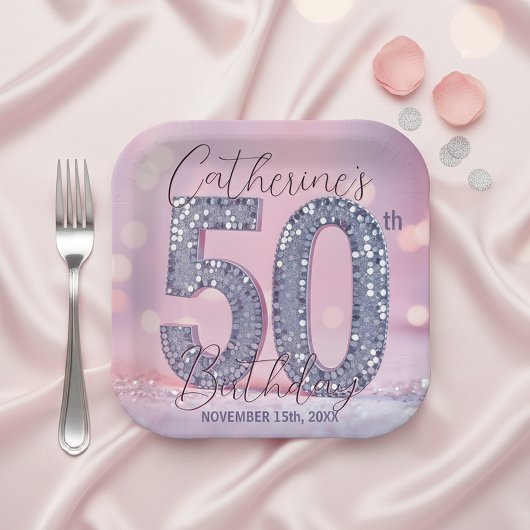 Assiettes En Carton Glam Pink and Silver Sequin 50th Birthday Party