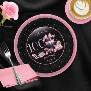 Assiettes En Carton Glam Pink Black Fashion 100e fête d'anniversaire