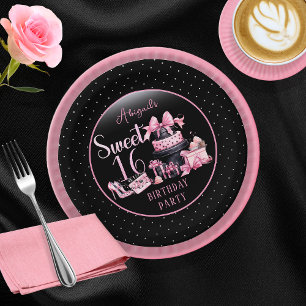 Assiettes En Carton Glam Pink Black Fashion Sweet 16 Anniversaire