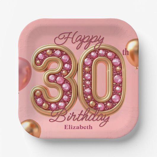 Assiettes En Carton Glam Pink et Gold Gemstone 30e anniversaire (Recto)