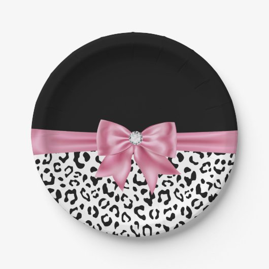 Assiettes En Carton Glam rose Bow Diamond Black Snow Leopard (Devant)