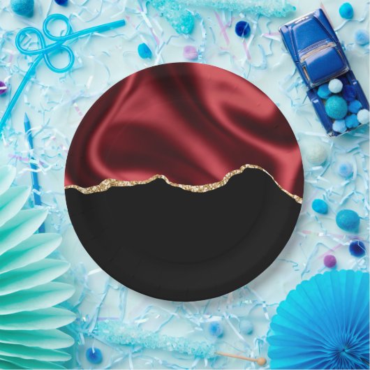 Assiettes En Carton Glam rouge foncé Satin foncé Design abstrait (Fête)