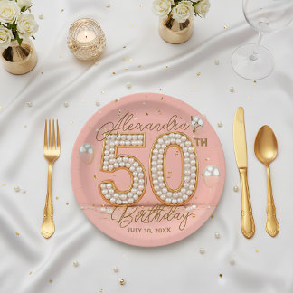 Assiettes En Carton Glamorous Pearl and Gold 50th Birthday Party
