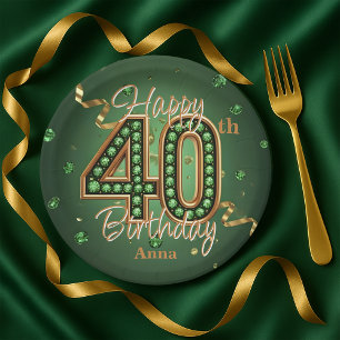 Assiettes En Carton Glamour Emeraude Vert et Or 40e Anniversaire