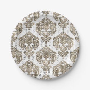 Assiettes En Carton Glamour Rustique Toile de Jute Élégance Damassé Mo