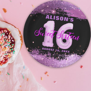 Assiettes En Carton Glamour Violet Pailleté Rose Ballon Anniversaire 1