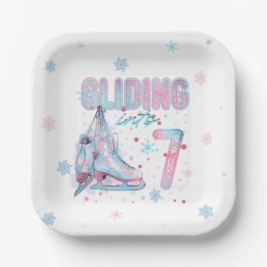 Assiettes En Carton "Gliding into" 7e anniversaire de patinage (Recto)