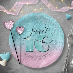 Assiettes En Carton Glitter and Shine Sweet 16 Teal/Pink ID675