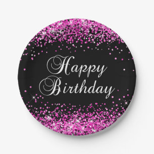 Assiettes En Carton Glitter Rose Noir Joyeux Anniversaire
