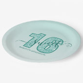 Assiettes En Carton Glitter Script Aqua Turquoise Sweet 16 (Angle)