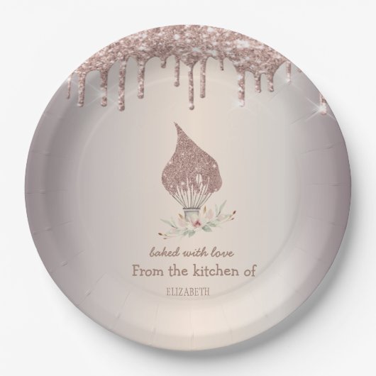 Assiettes En Carton Glitter Whisk Rose Gold Glitter Drips Bakery (Devant)