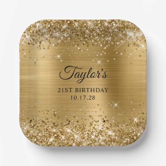 Assiettes En Carton Glittery Gold Foil 21e anniversaire (Recto)