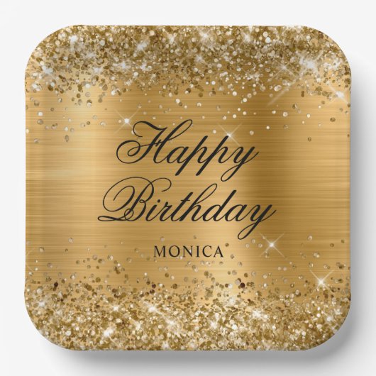 Assiettes En Carton Glittery Gold Foil Fancy Joyeux anniversaire (Recto)