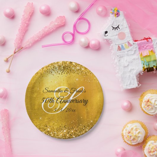 Assiettes En Carton Glittery Gold Foil Fancy Monogramme 50e Anniversai (Fête)