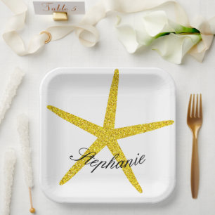 Assiettes En Carton Glittery Gold Starfish Motif Nom personnalisé Élég