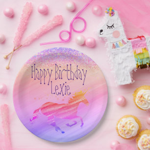Assiettes En Carton Glittery Lavender rose Unicorn Anniversaire Custom