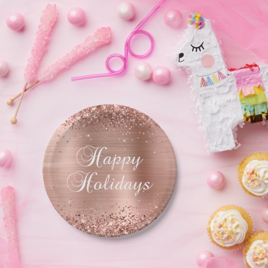 Assiettes En Carton Glittery Rose Gold Foil Joyeuses vacances (Fête)