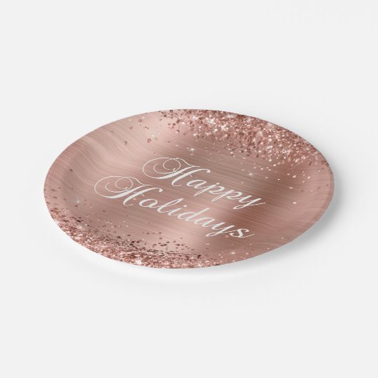 Assiettes En Carton Glittery Rose Gold Foil Joyeuses vacances (Angle)
