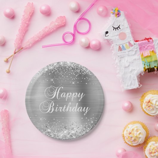 Assiettes En Carton Glittery Silver Foil Joyeux anniversaire (Fête)
