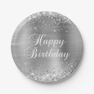 Assiettes En Carton Glittery Silver Foil Joyeux anniversaire