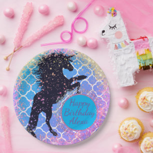 Assiettes En Carton Glittery Starry Unicorn Personnalisé Anniversaire