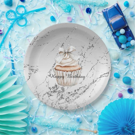 Assiettes En Carton Glitzy Silver White Cupcake Bow Birthday (Fête)