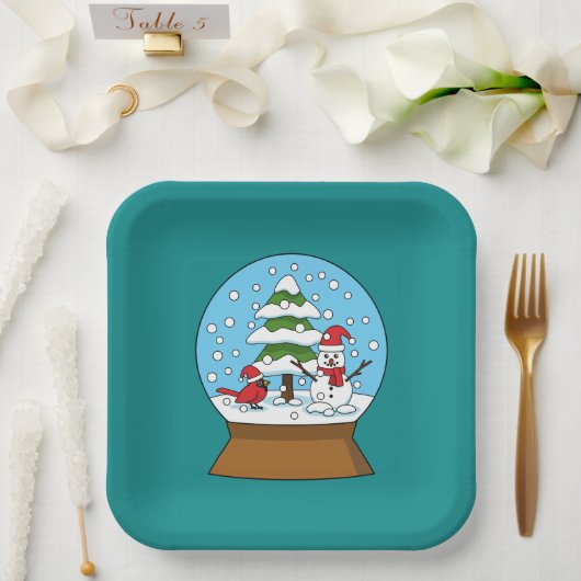Assiettes En Carton Globe de neige avec le cardinal Snowman et Pine Tr (Mariage)