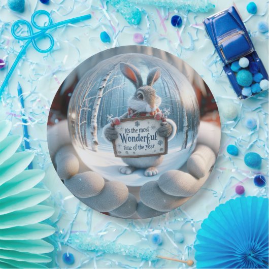 Assiettes En Carton Globe De Neige De Noël Avec Lapin (Fête)
