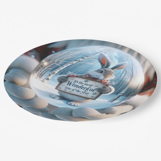 Assiettes En Carton Globe De Neige De Noël Avec Lapin (Angle)