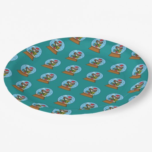 Assiettes En Carton Globe des neiges avec Chouette du Père Noël (Angle)