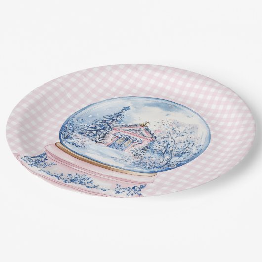 Assiettes En Carton Globe des neiges rose et bleu (Angle)