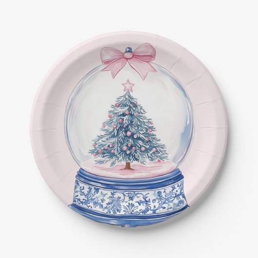 Assiettes En Carton Globe des neiges rose et bleu (Devant)